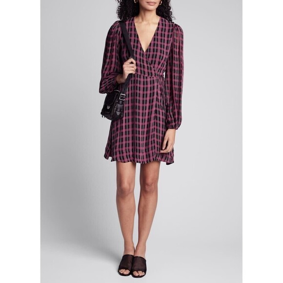 Ganni size EU 38 US 6 pink black Checked georgette mini wrap dress long sleeve - Picture 4 of 11